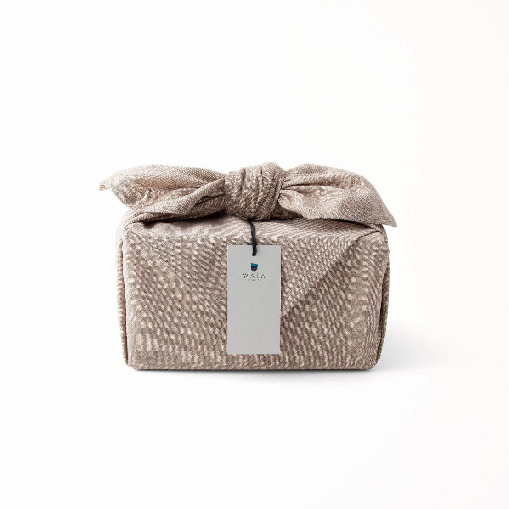 Linen furoshiki wrapped Joshua Blue tea set box with tag