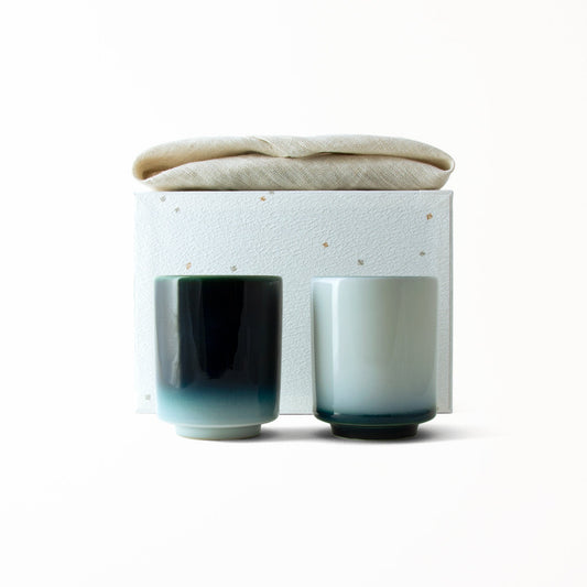 Two cup Japanese tea set, Joshua Blue with linen wrapped tea sampler, white washi covered box